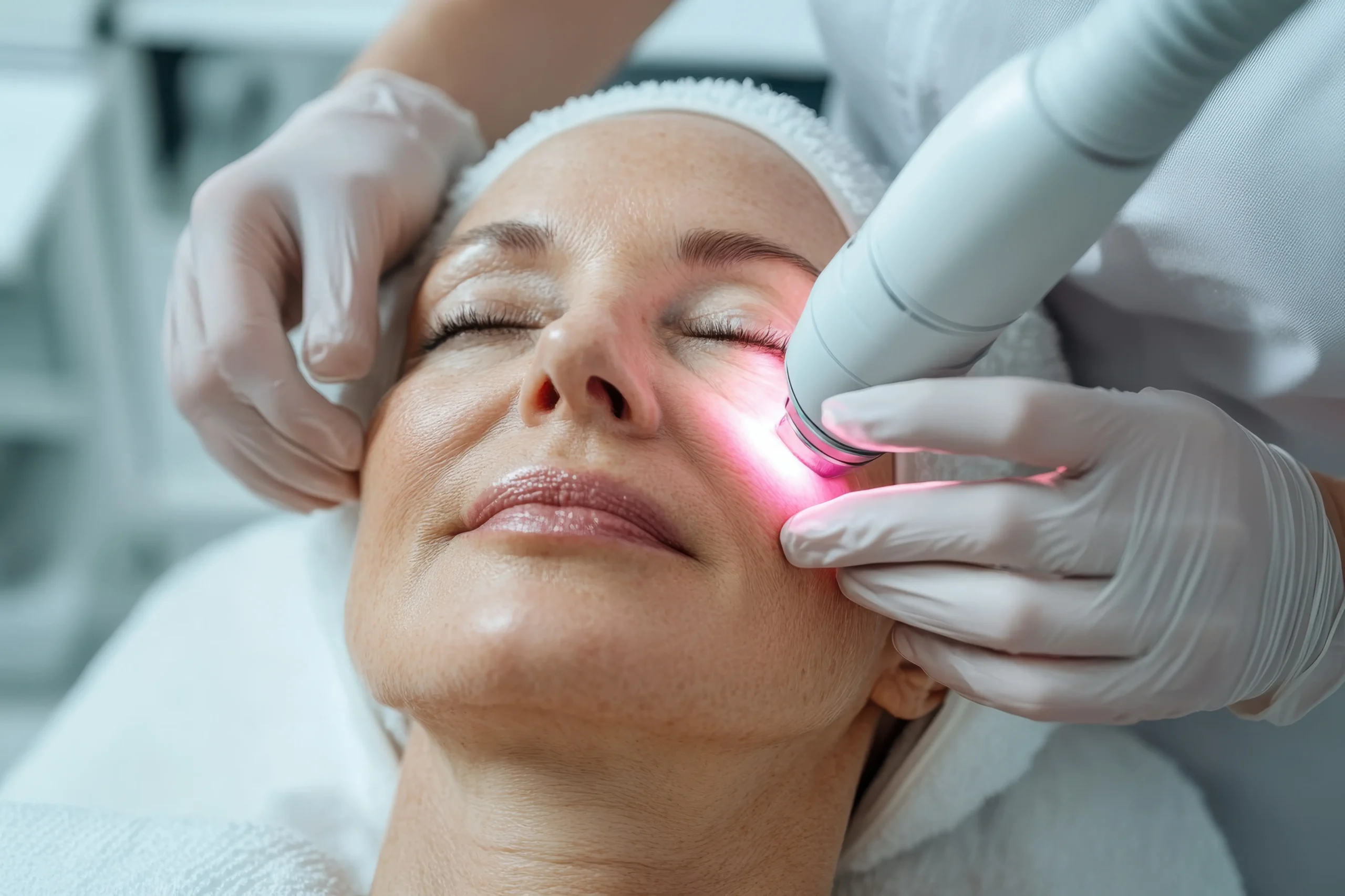 A patient undergoing laser skin treatment at Permian Basin Med Spa & Aesthetics Center in Texas.